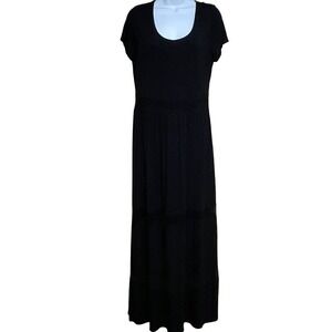 Spense Womens Black Mesh Stripe Maxi Dress Short Sleeve Scoop Neck Viscose Blend